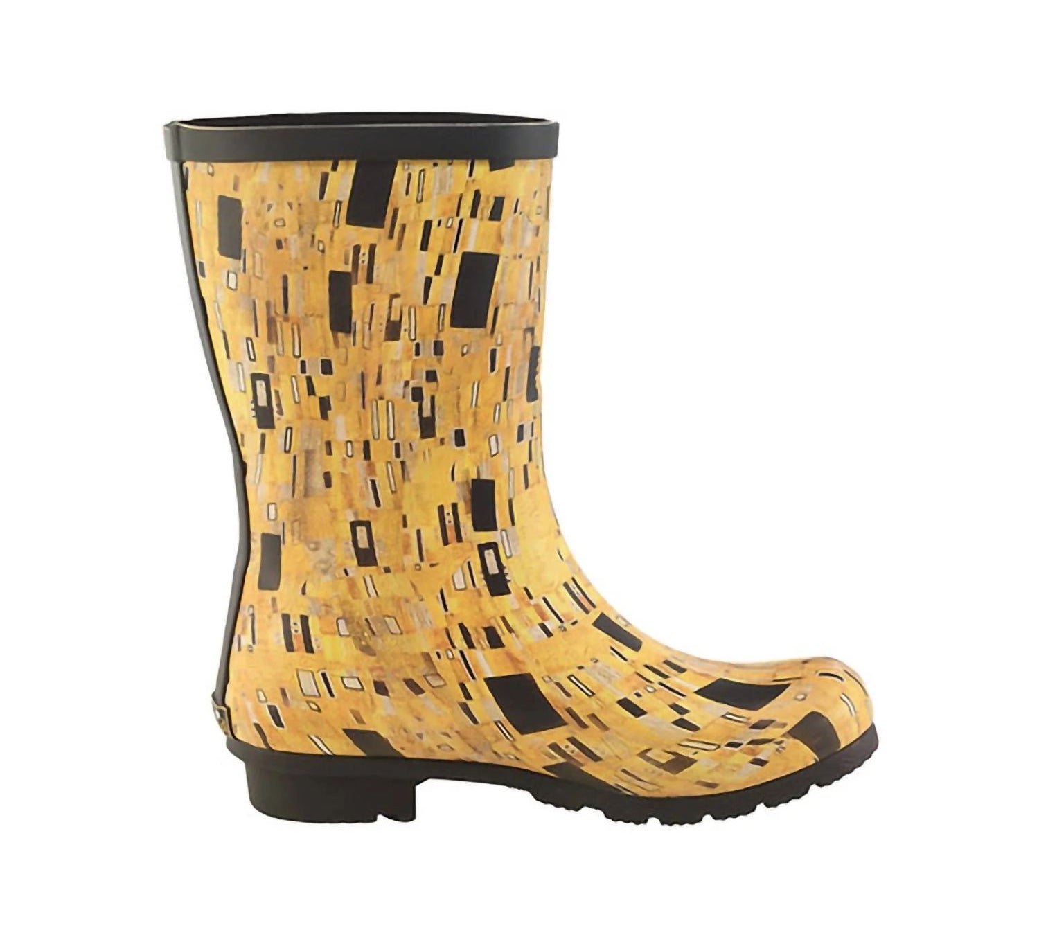 Yellow and black patterned mid calf rainboot with rubber sole