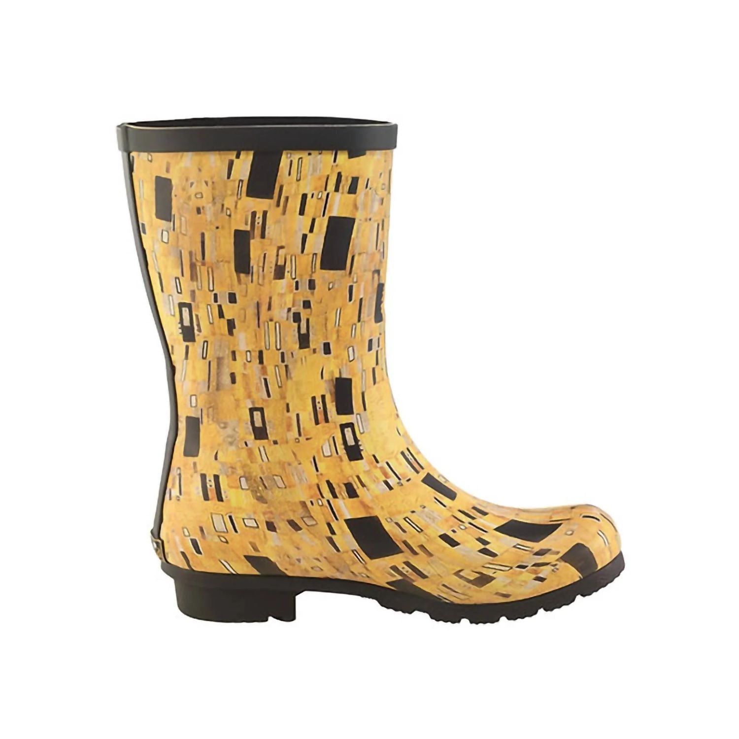 Yellow and black patterned mid calf rainboot with rubber sole