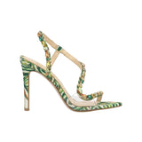 green leaf fauna patterned high heel with rhinestone detail on adjustable strap