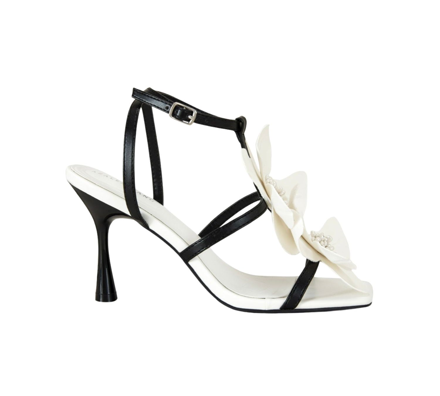 black and white strappy stiletto heel with laser cut floral applique