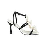 black and white strappy stiletto heel with laser cut floral applique