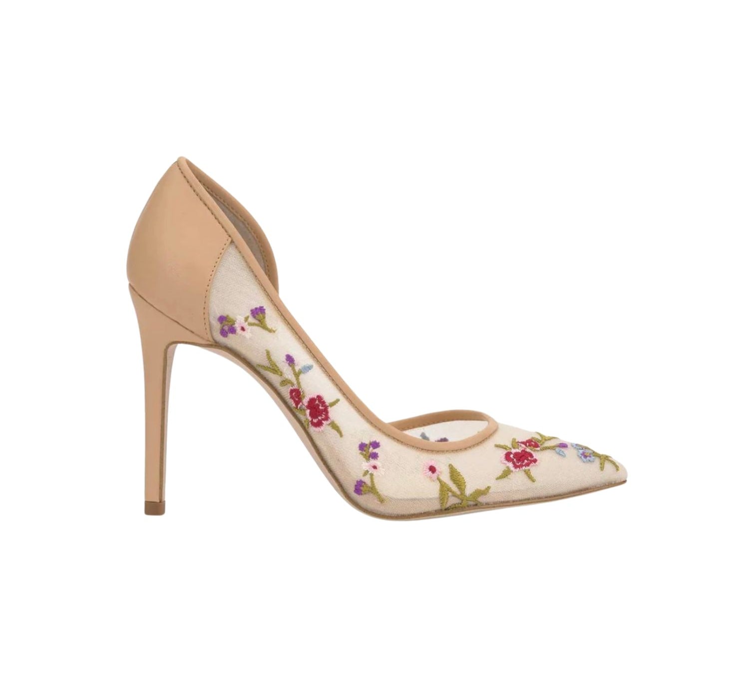 nude stiletto heel shoe with multi-color floral embroidery by Jessica Simpson