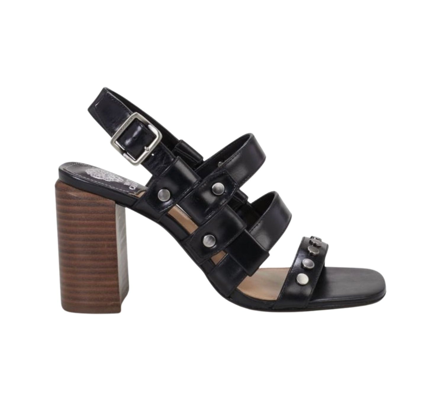 Black chunky strapped heeled sandal made of luxe soft nubuck leather embellished with flat studs. Has adjustable slingback strap. 