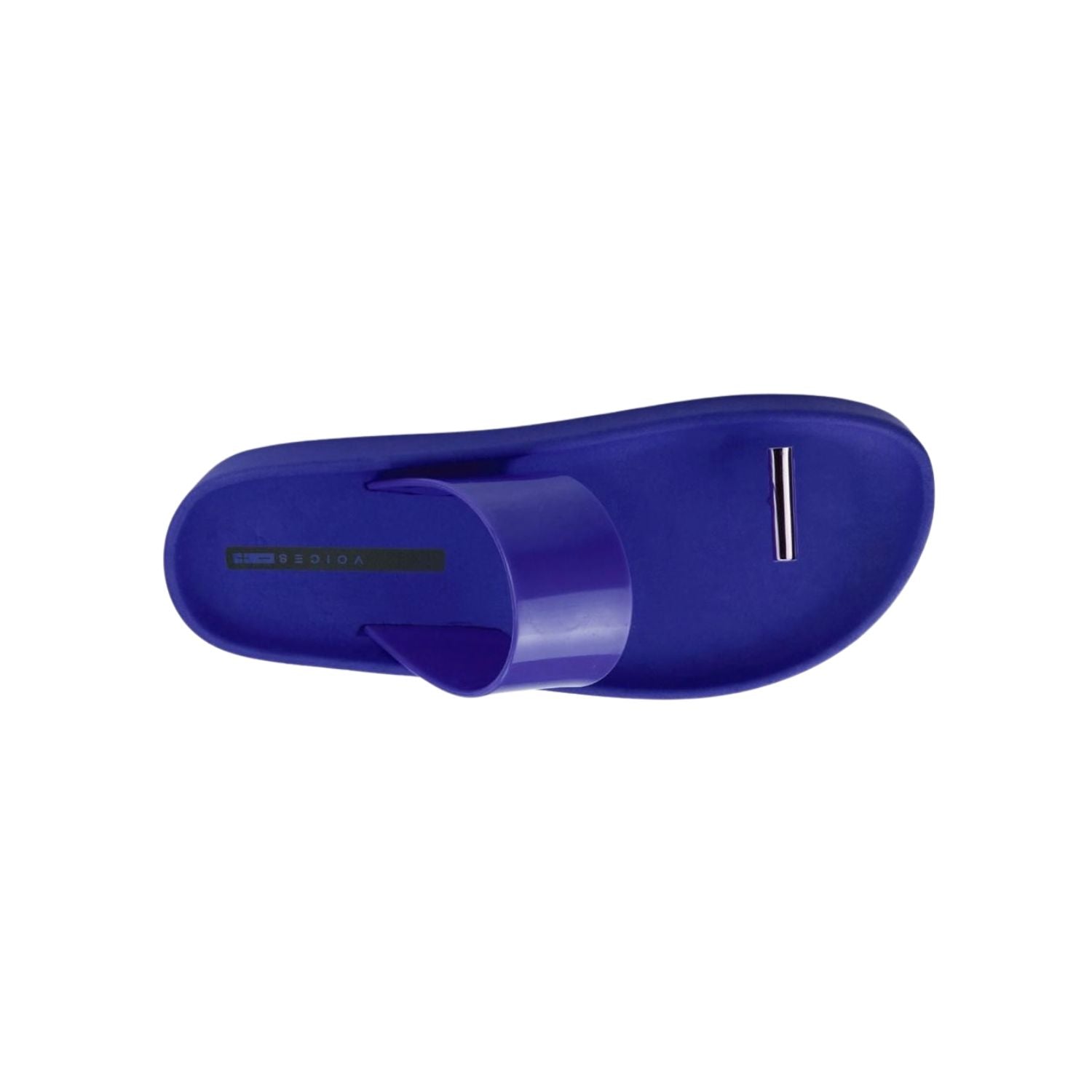 Blue sandal with a metallic toe catch 