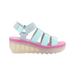 wedge strappy sandal in light blue and pink