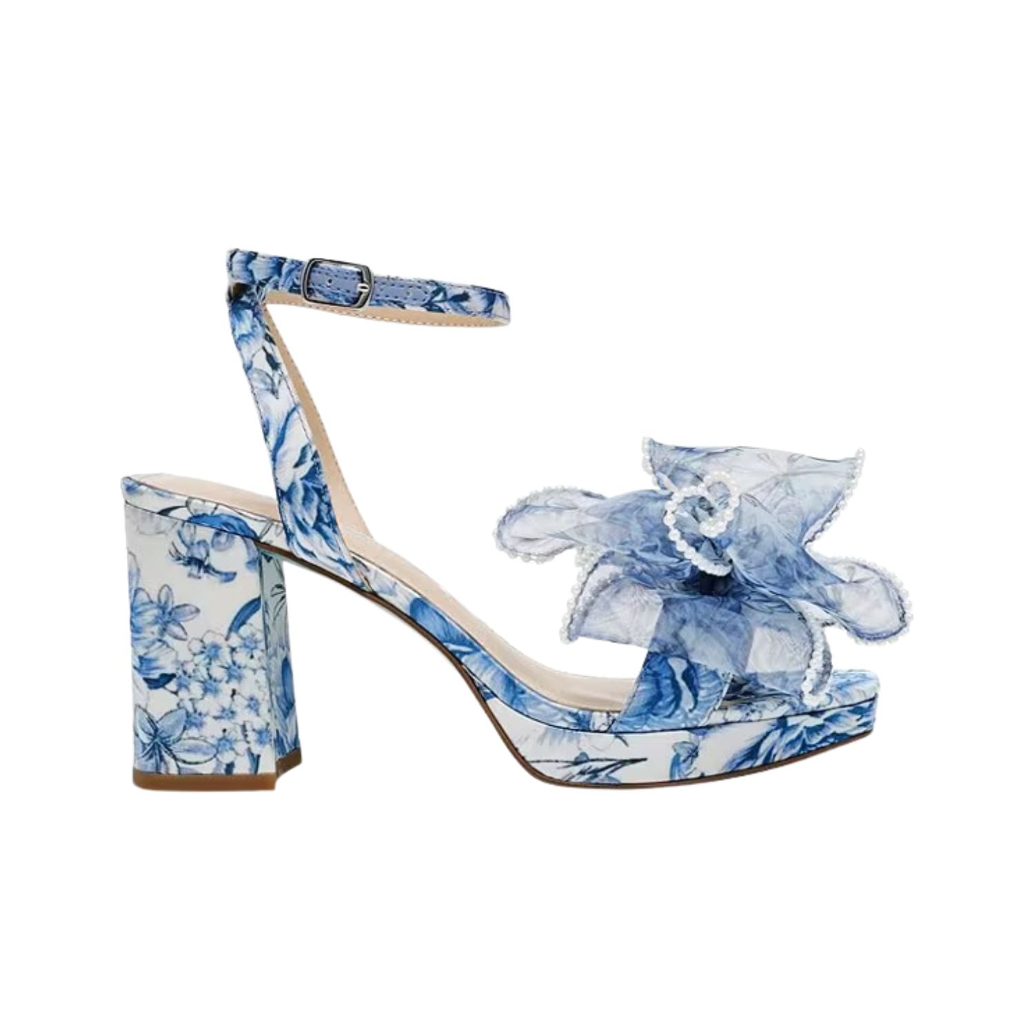 blue and white floral heeled sandal with large bow and buckled strap by Betsey Johnson