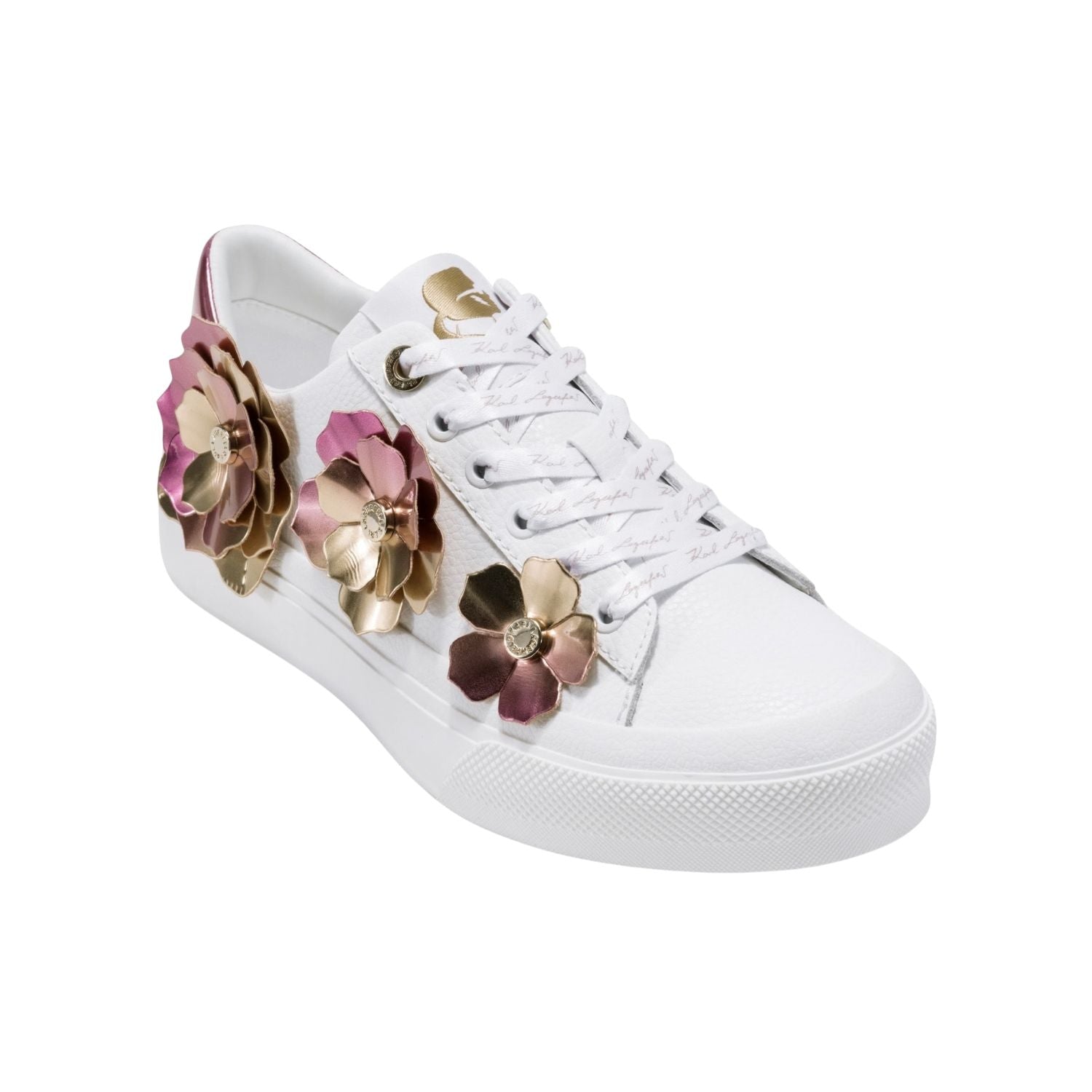 White sneaker with rose gold floral embellishments 