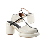 futuristic bubble heel design and t strap topper slip on heel mule sandal