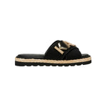 Black slide sandal with gold logo and woven strap 