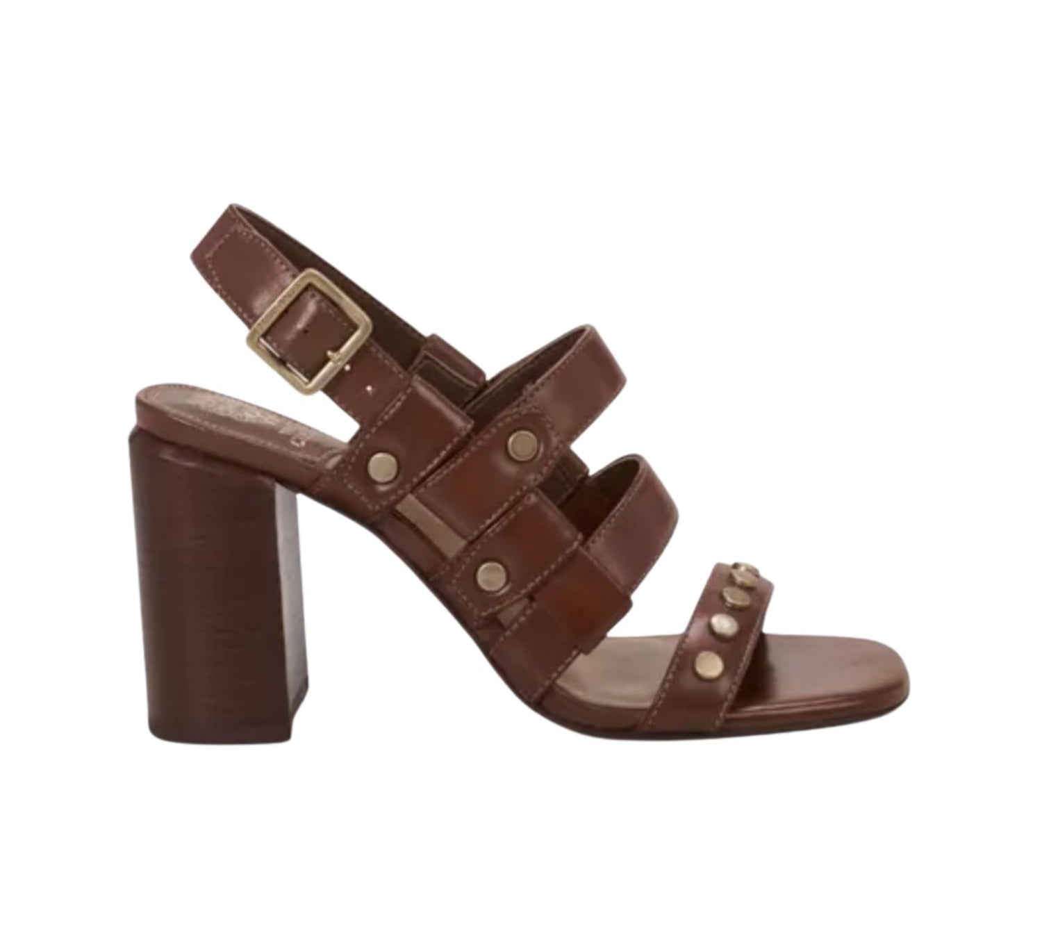 Brown chunky strapped heeled sandal made of luxe soft nubuck leather embellished with flat studs. Has adjustable slingback strap main view.