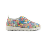 Multi-color perforated sneaker with geometric design and laces. Made from high quality leather and rubber