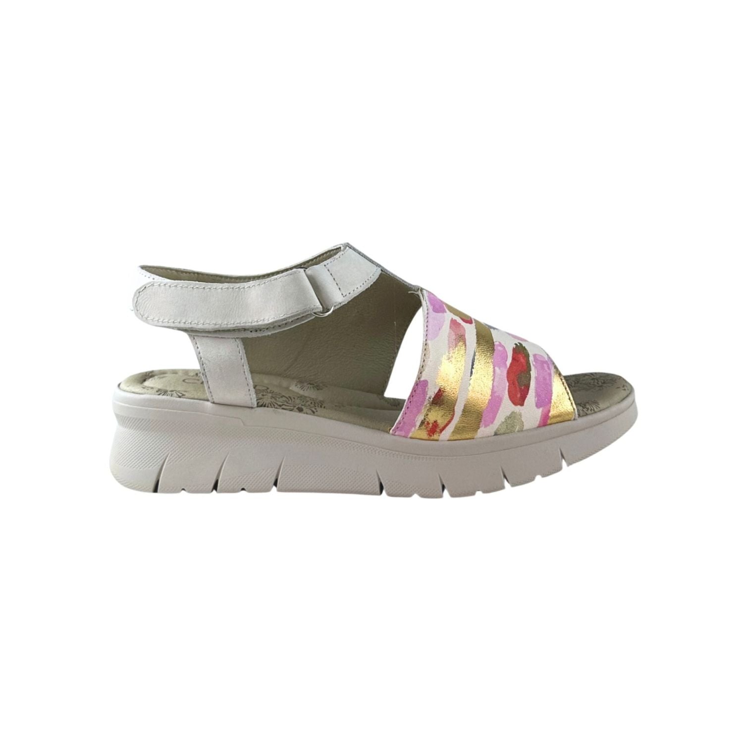 Silver sandal with colorful striped design 