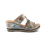 floral graphic printed open back platform slide sandal with adjustable top strap in blue and neutral colors with 3D flower appliques