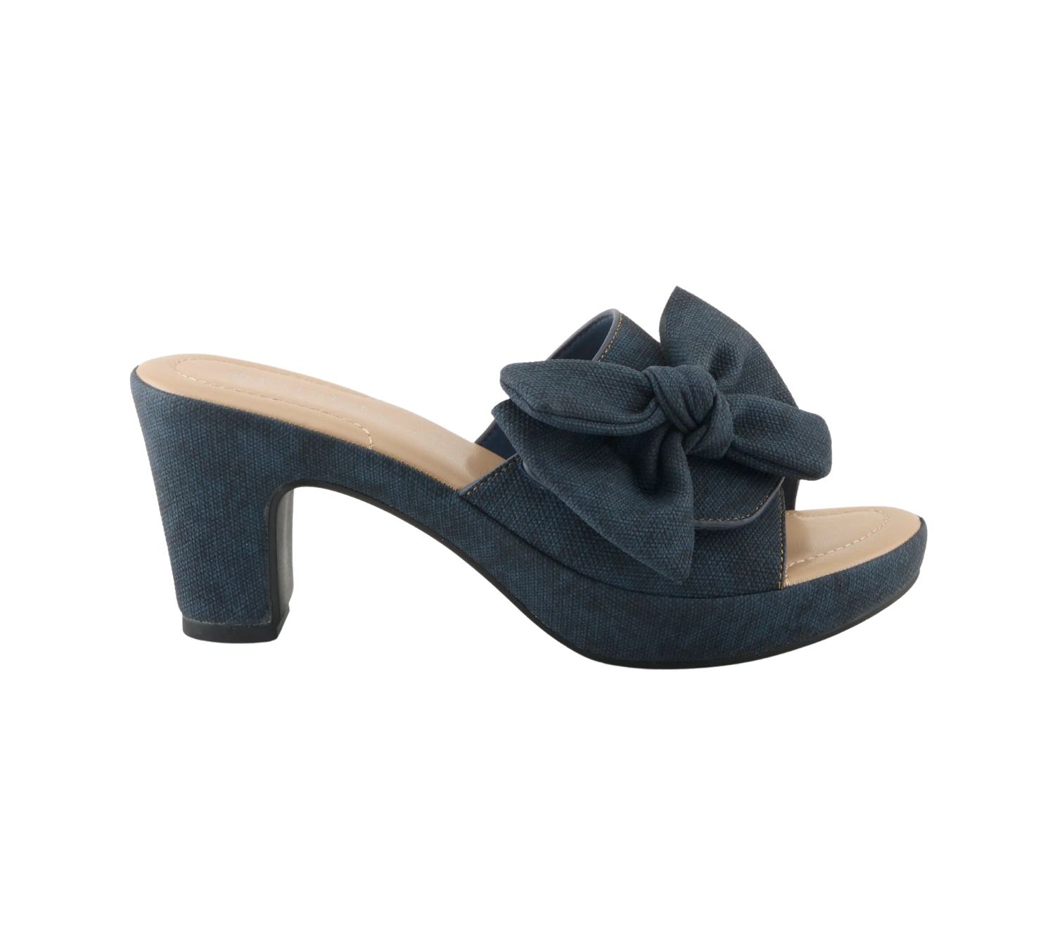 dark denim blue open toe slide heel sandal with oversized bow
