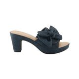 dark denim blue open toe slide heel sandal with oversized bow