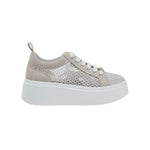 Gray sneaker with a big white sole 