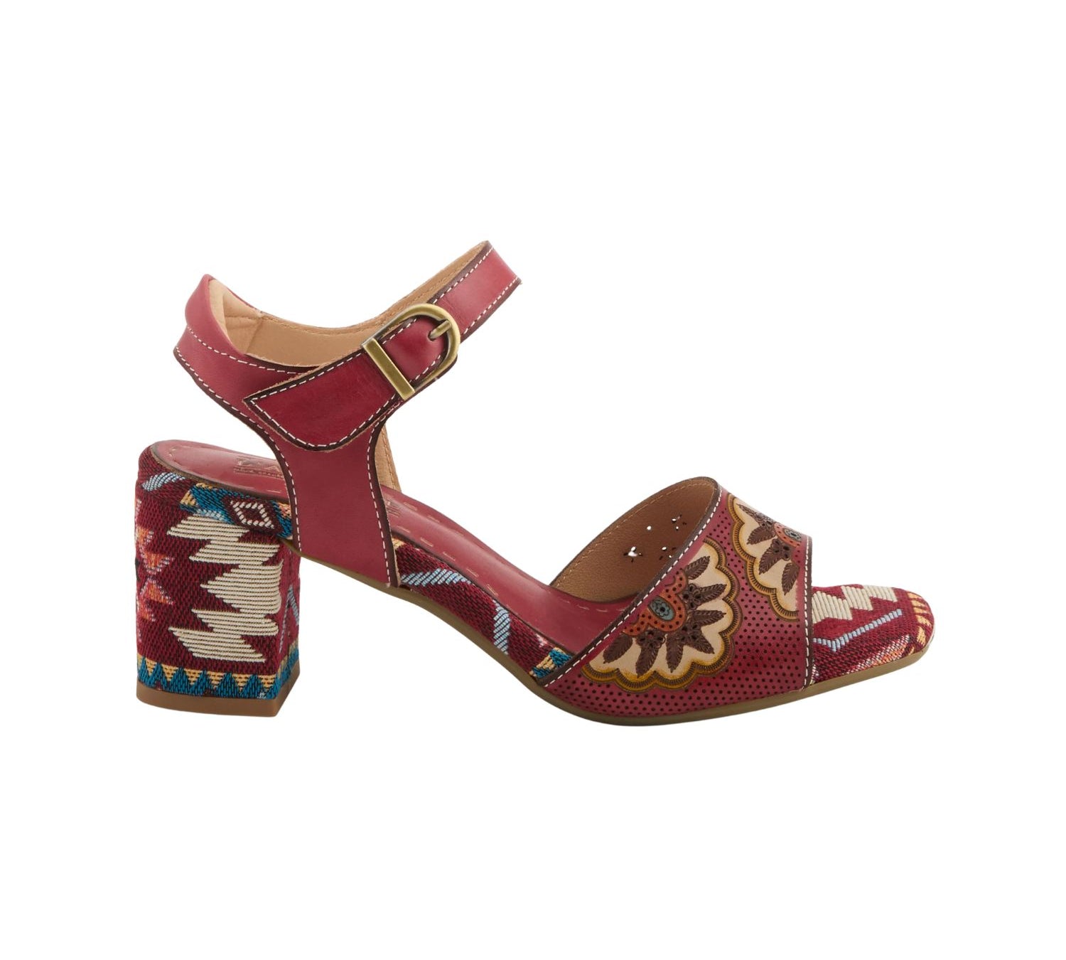 block heel sandal with strap and aztec inspired design in red.