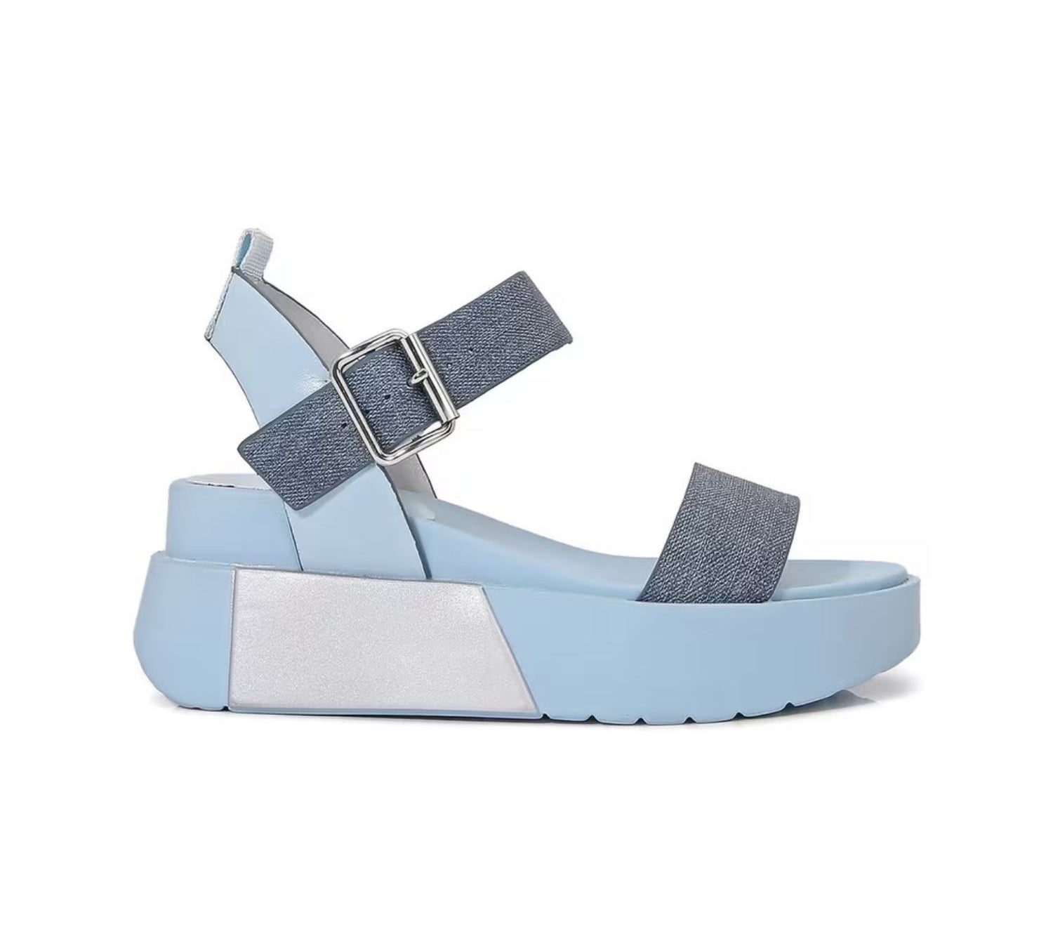 blue color block platform sandal with buckle strap