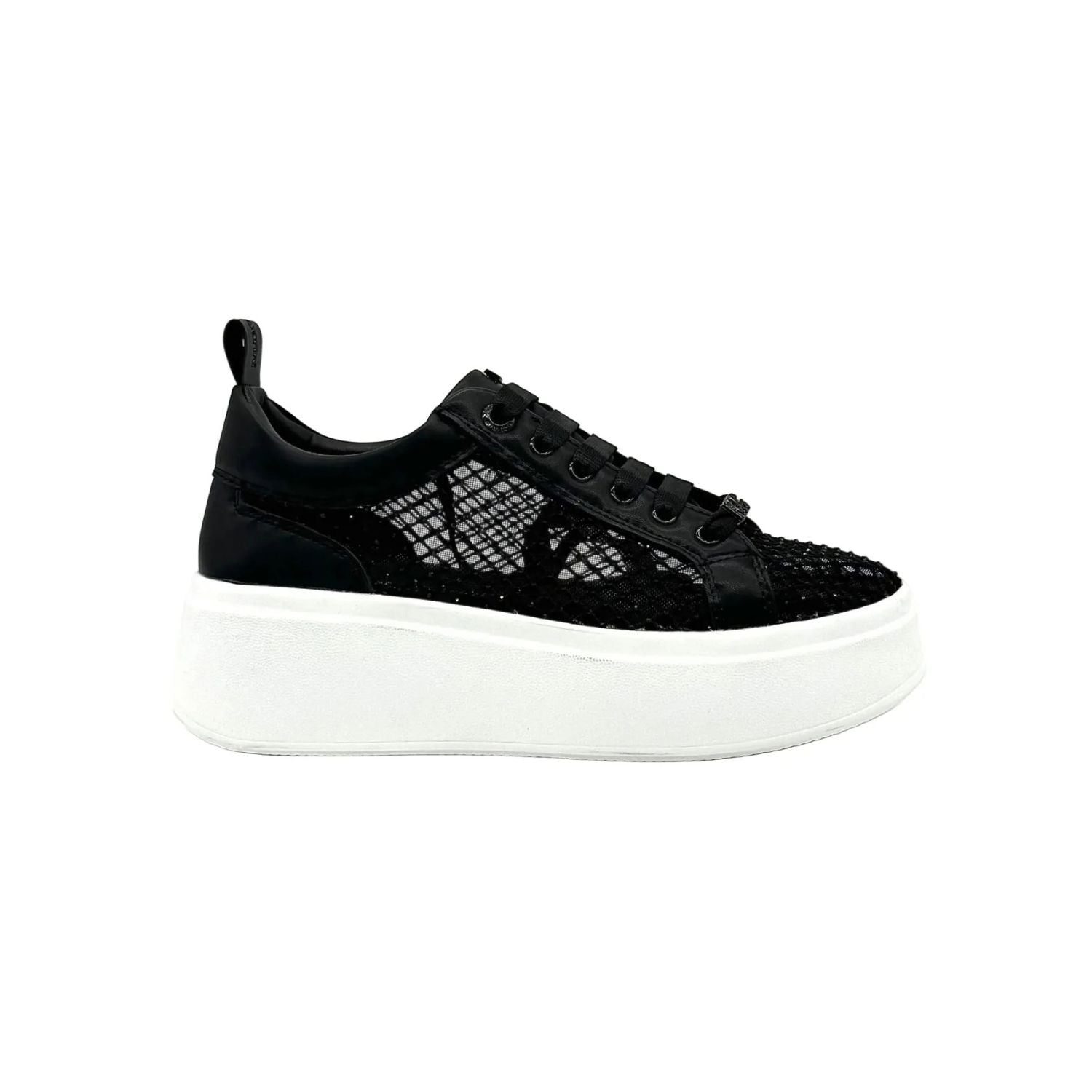Black mesh sneaker with a white sole 