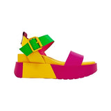 yellow pink and green color block platform sandal with buckle strap
