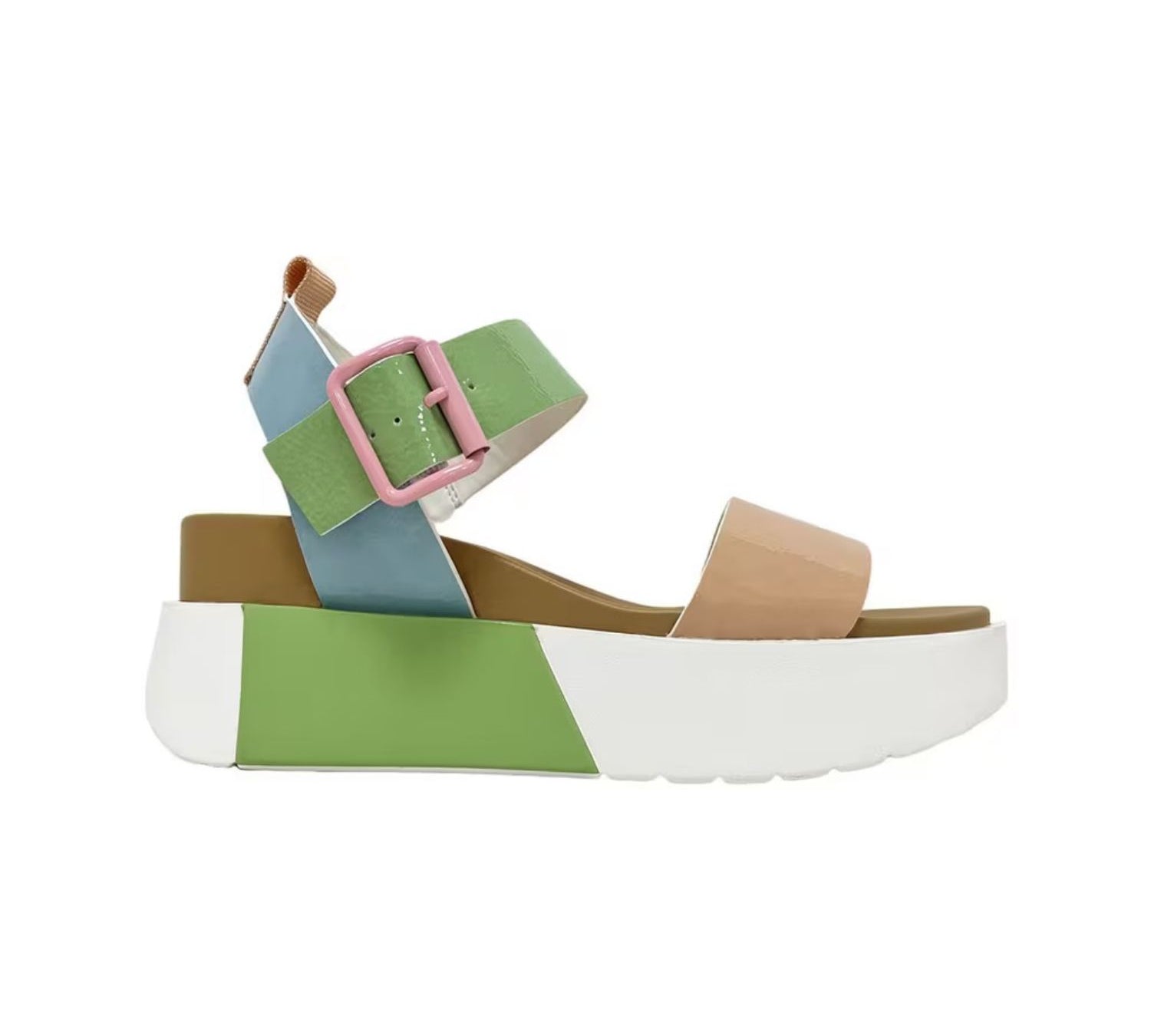 white tan blue and green color block platform sandal with buckle strap