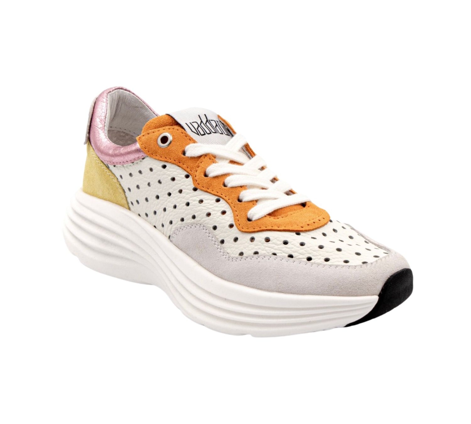 color block perforated sneaker with metallic accents and laces