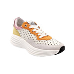 color block perforated sneaker with metallic accents and laces