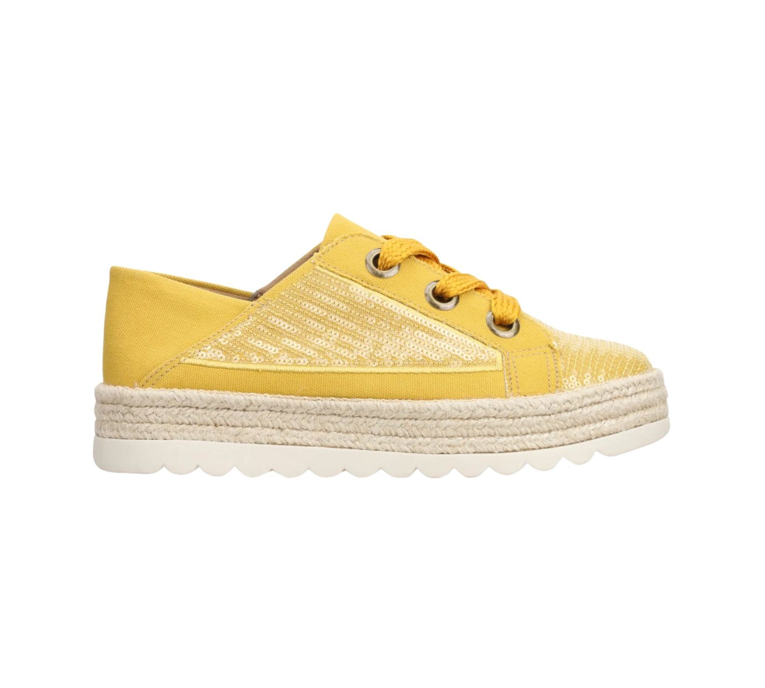 yellow platform sneakers with sequin detail and yellow laces 