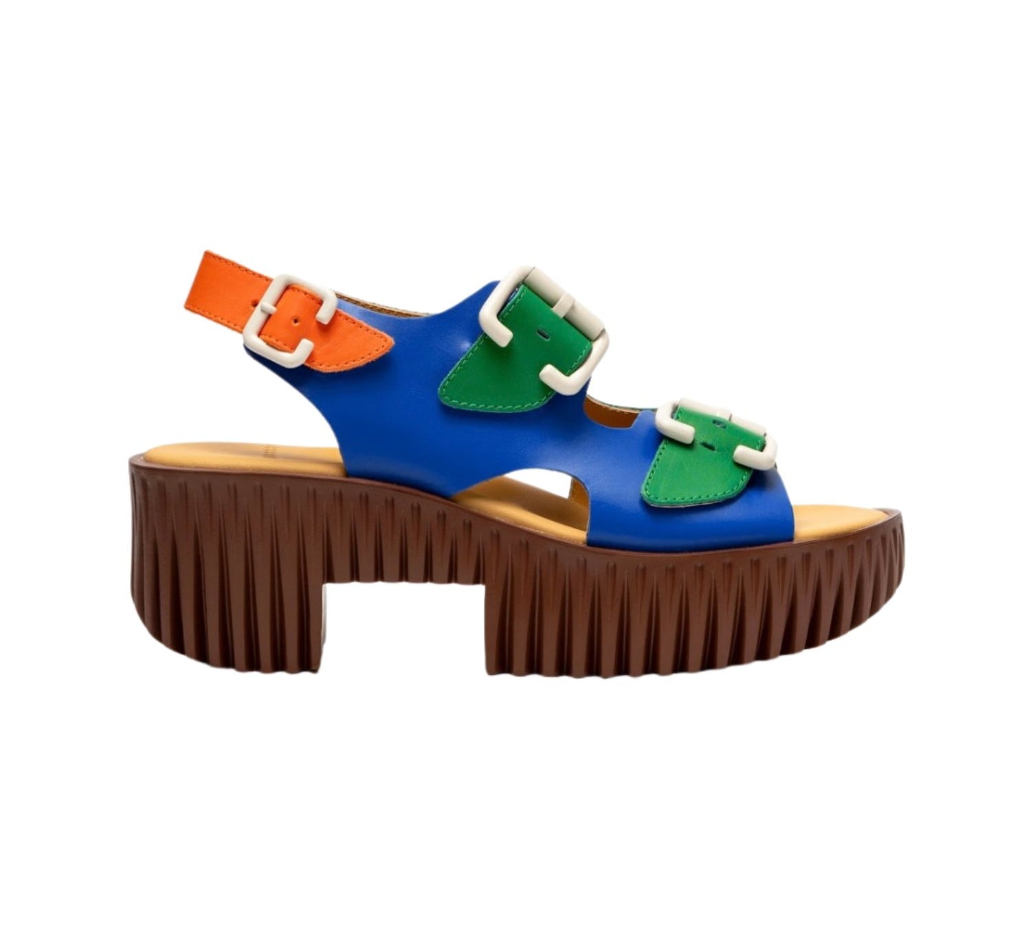 blue green orange and brown platform buckle strap sandal