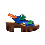 blue green orange and brown platform buckle strap sandal