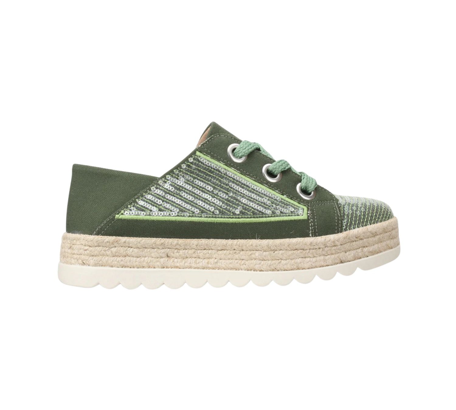 green platform sneakers with sequin details and green woven laces
