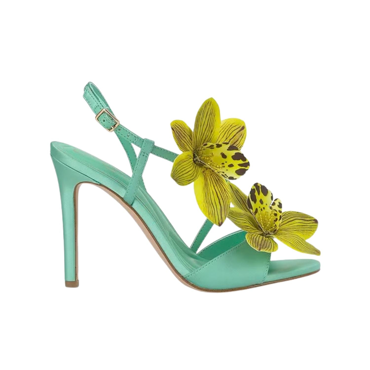 Mint green high-heeled heel with yellow floral decorations 