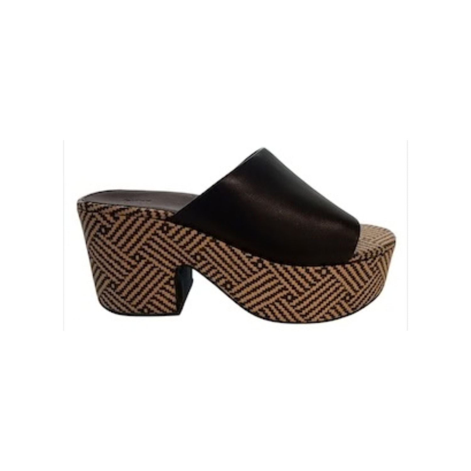 Black platform sandal with woven pattern
