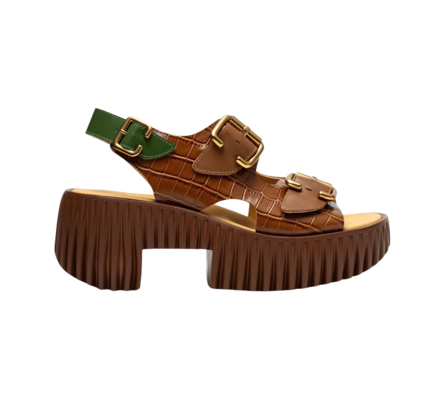 green and brown snake skin print platform buckle strap sandal