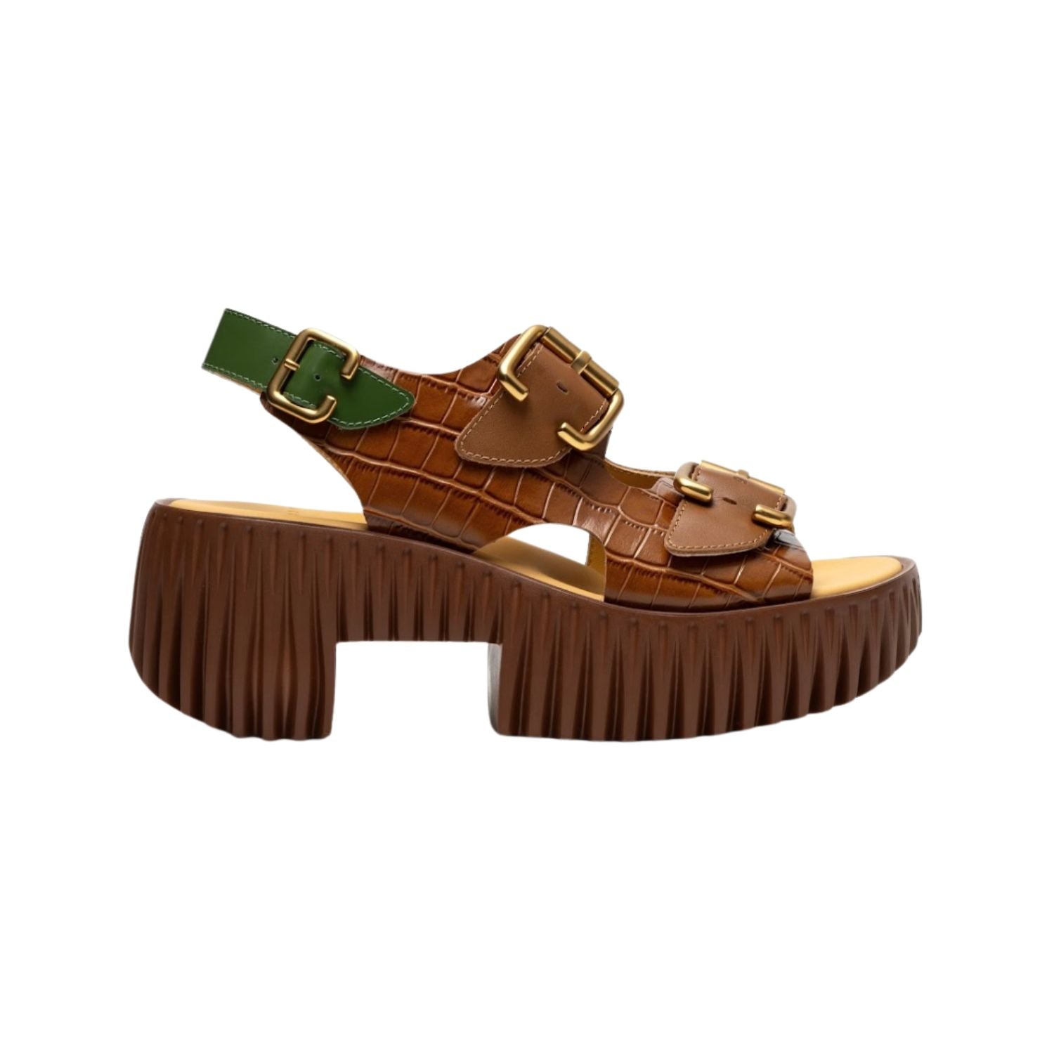 green and brown snake skin print platform buckle strap sandal