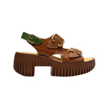 green and brown snake skin print platform buckle strap sandal