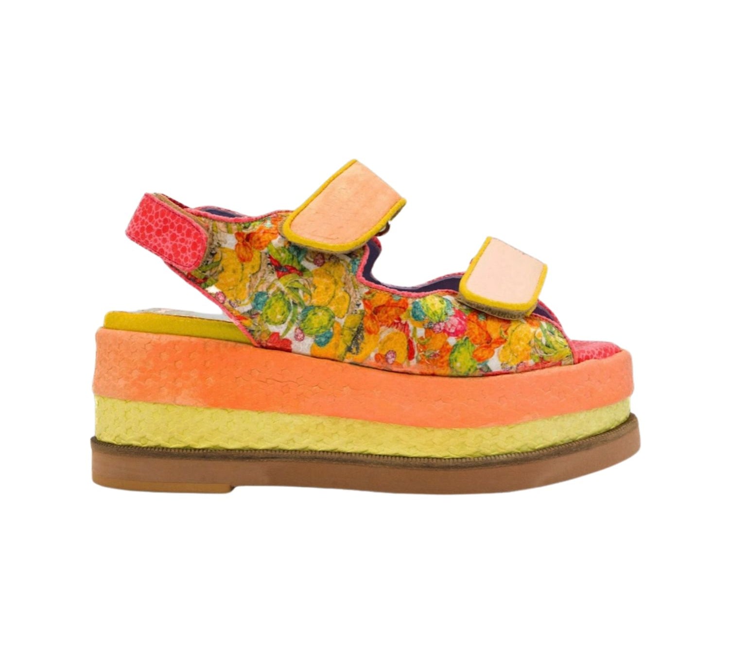 handmade platform sandal in vibrant orange, yellow, and red with adjustable straps