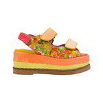handmade platform sandal in vibrant orange, yellow, and red with adjustable straps