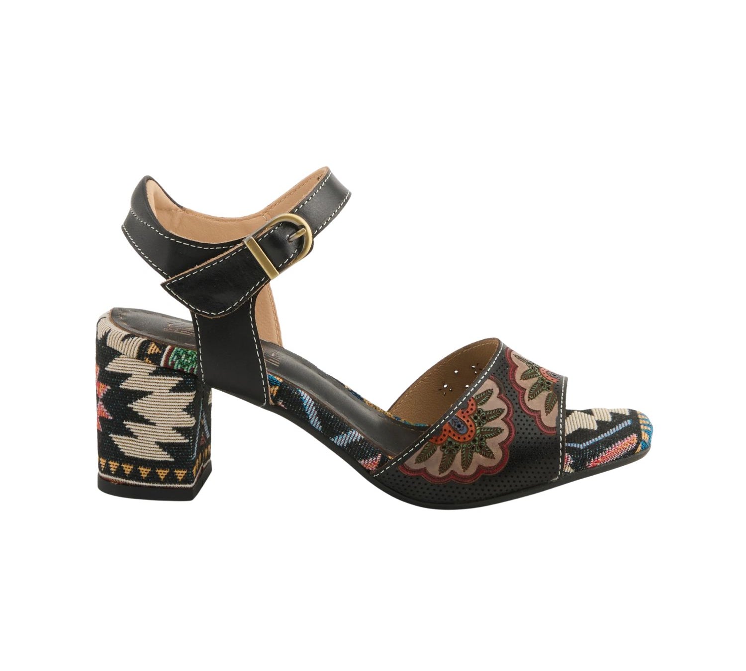 Black chunky block heel sandal with southwest design. Desert goddess shoes. Made from leather and synthetic leather.