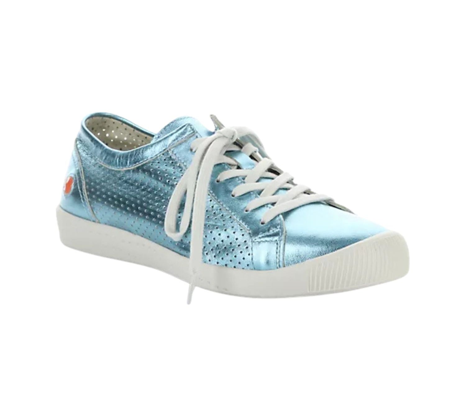 blue metallic perforated low top sneaker with white laces