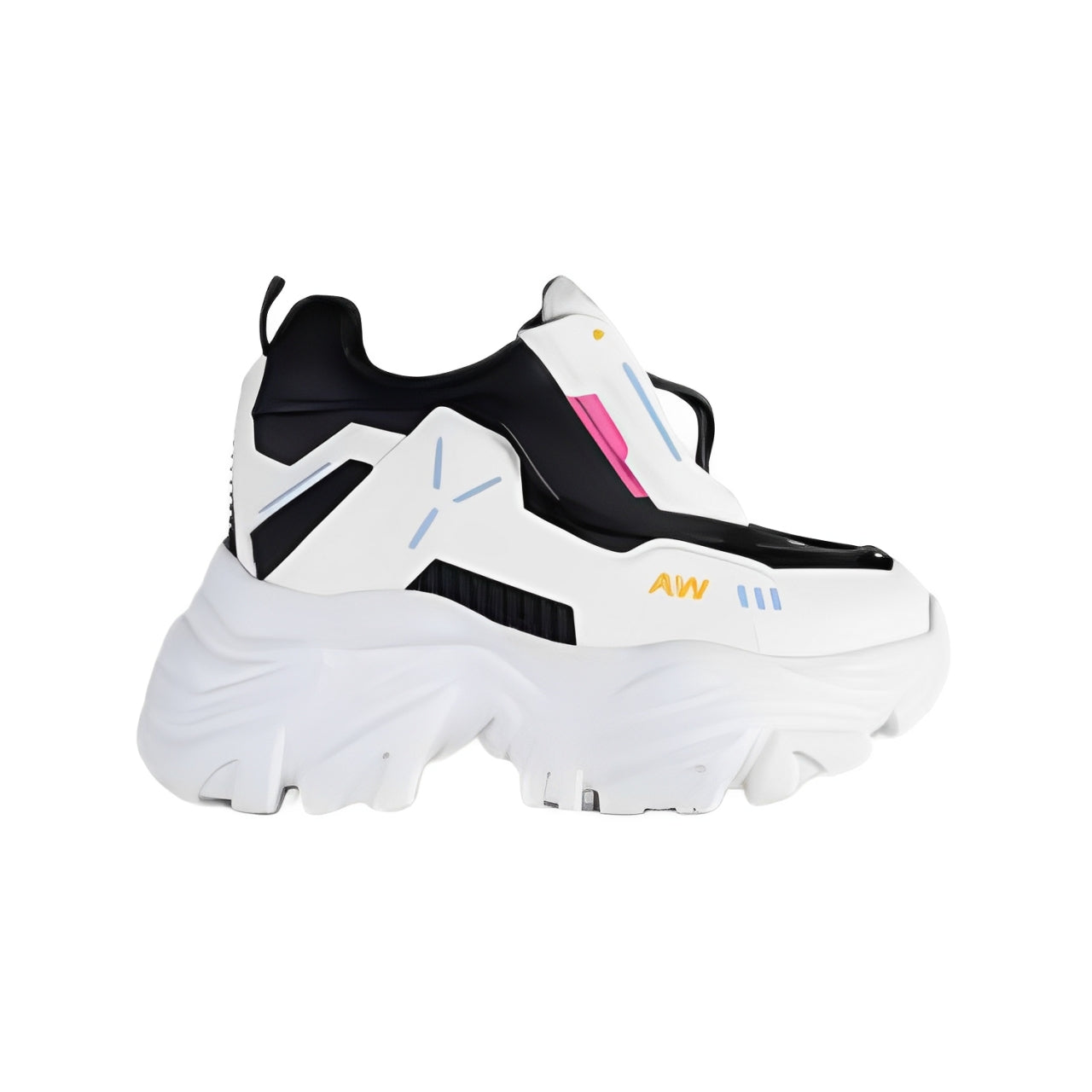 chunky platform sneaker in white with blocks of black and blue details