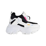 chunky platform sneaker in white with blocks of black and blue details