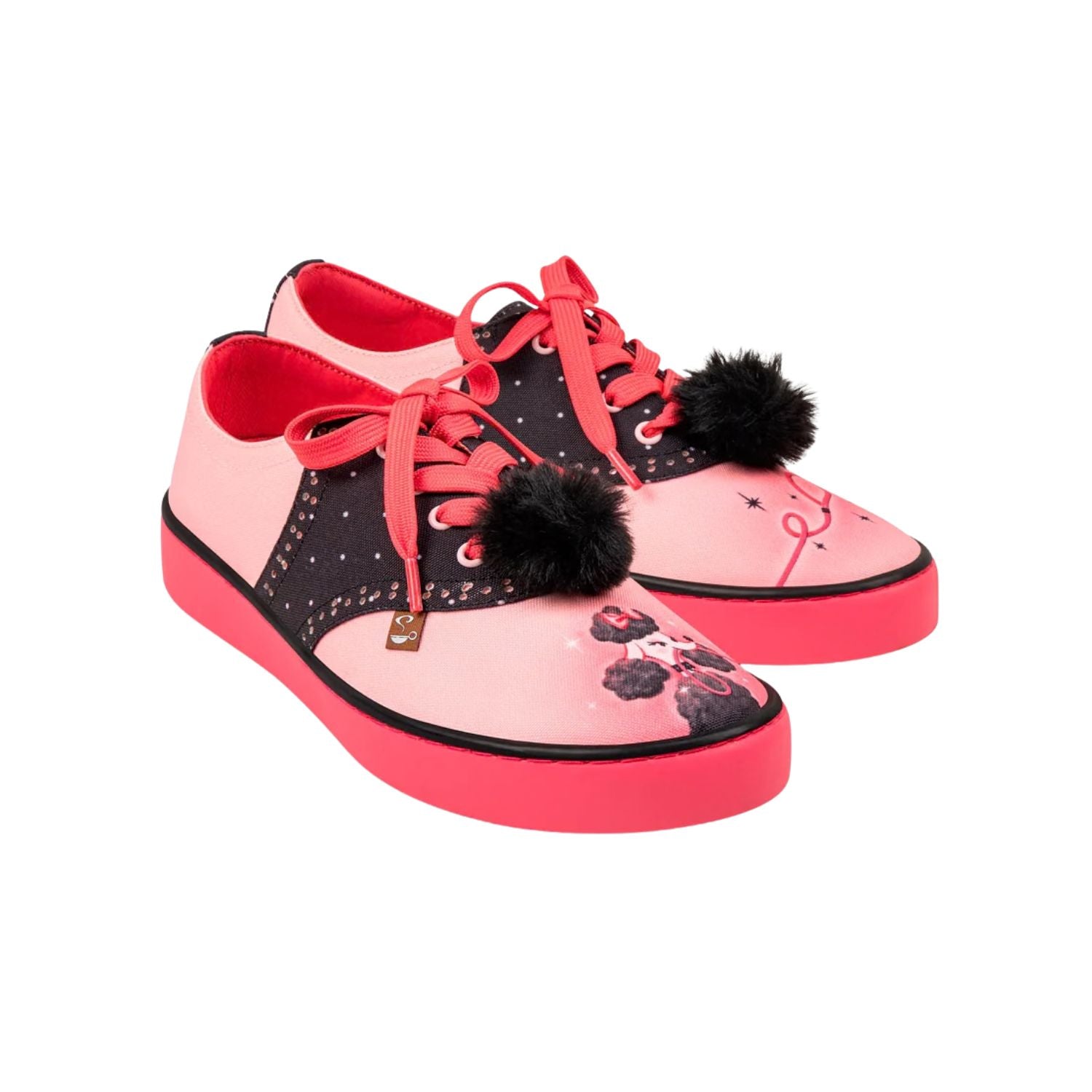 Pink and black sneakers with pom-poms on a white background