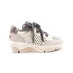 neutral colored perforated platform sneaker with metallic detail backing and patterned laces 