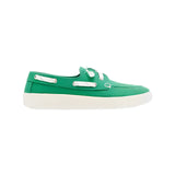 low profile green canvas boat shoe sneaker with white laces