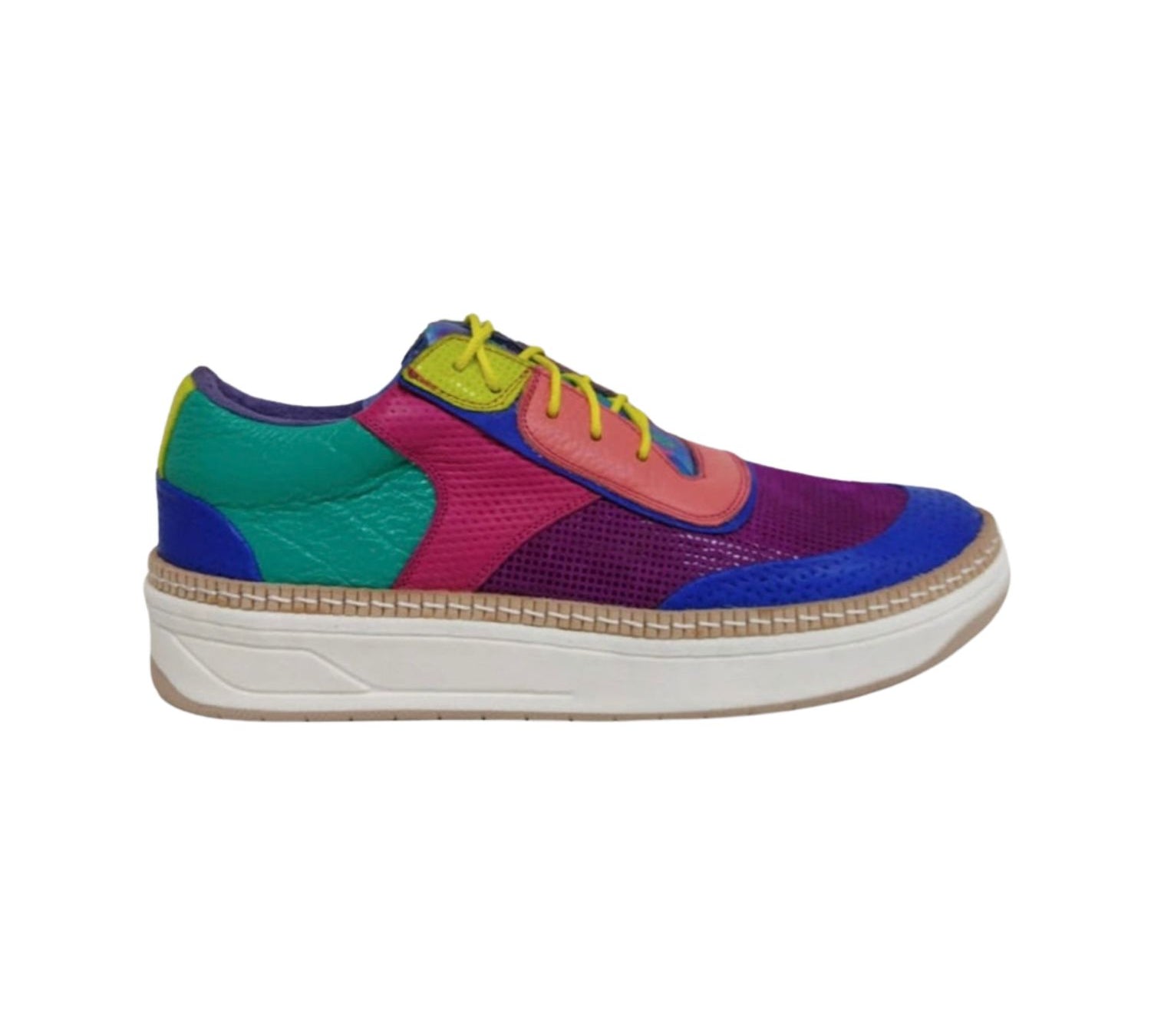 rainbow multi-color hand painted leather platform sneaker with yellow laces