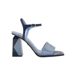 Blue high-heeled sandal with geometric sole design 