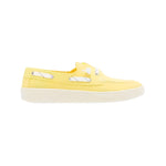 low profile yellow canvas boat shoe sneaker with white laces