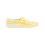 low profile yellow canvas boat shoe sneaker with white laces