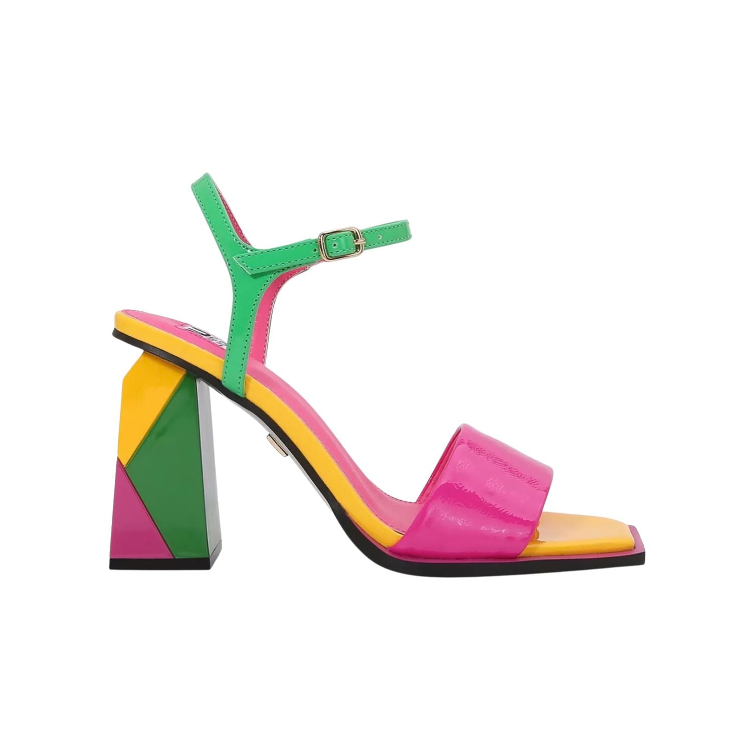 Colorful sandal with a geometric heel design 